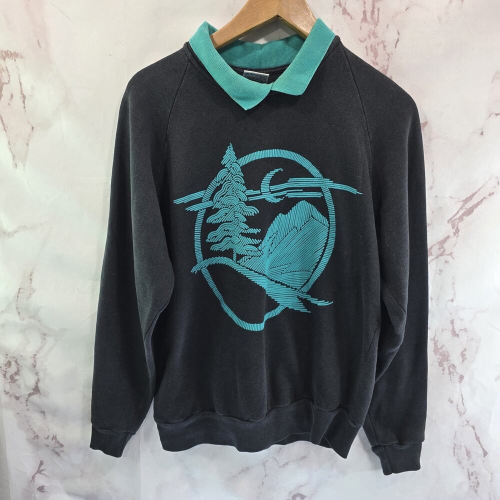 Vintage Sweatshirt Womens Large Green Mountain Moon Tree Nature Double Collar
